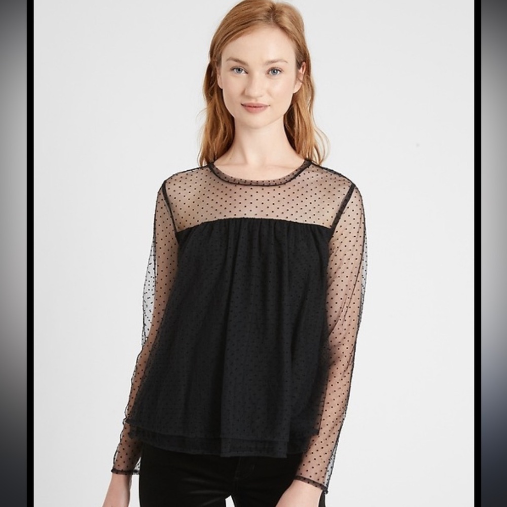Banana Republic Black Tiered Tulle Sheer Swiss Dot Top Size XS Festive Holiday